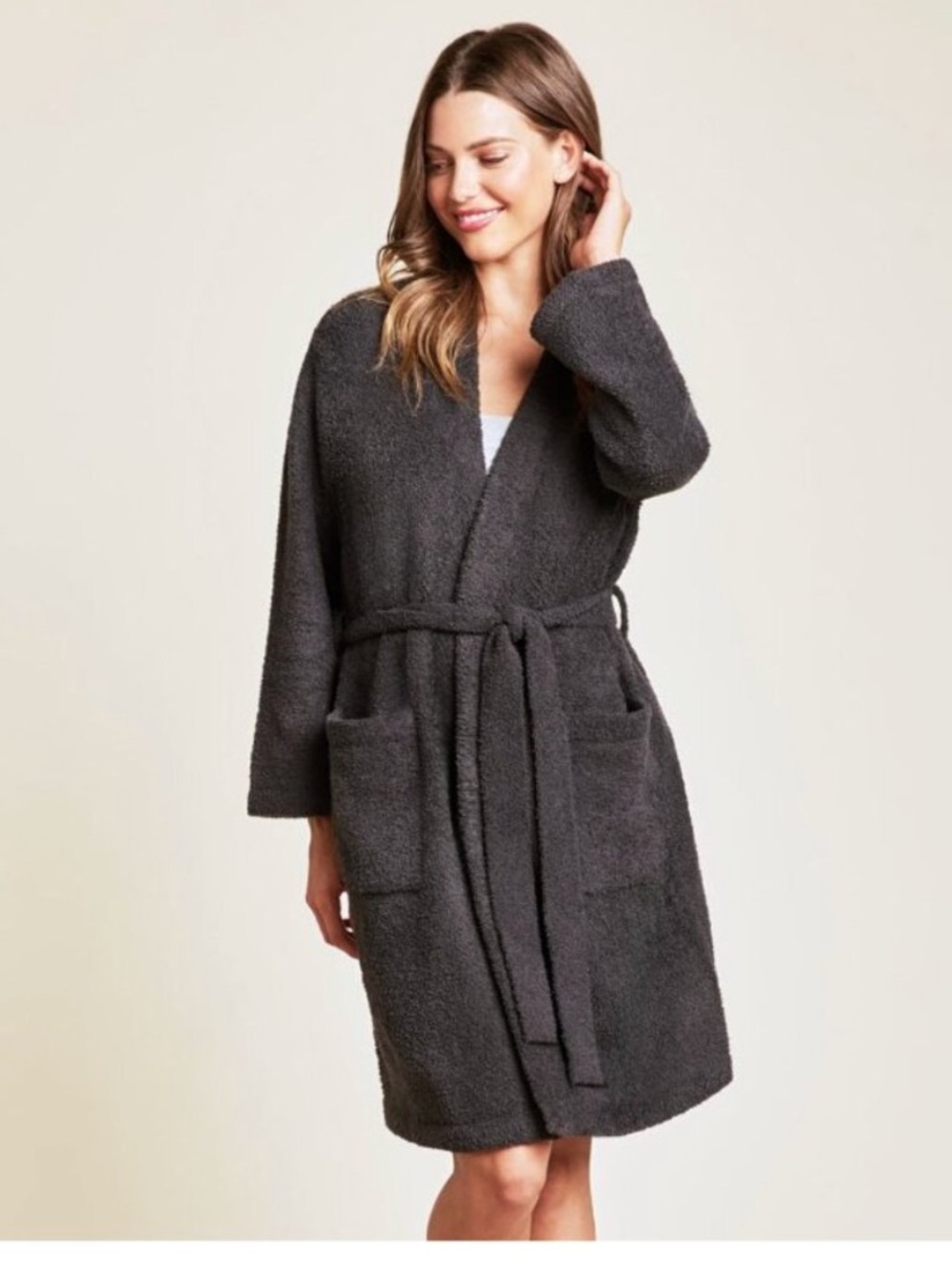 Barefoot Dreams CozyChic Solid Carbon Gray Belted Robe w/ Pockets L XL